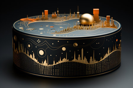 3d illustration of abstract technology concept: a futuristic city with the golden sphere. Generative AIの素材