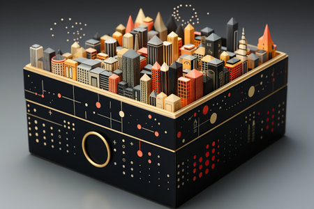 3d illustration of the city in a box on a dark background. Generative AIの素材