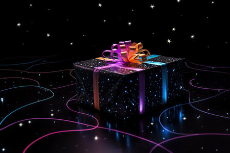 Gift box with colorful ribbons on a black background. 3d rendering. Generative AIの素材