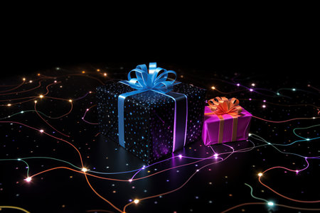 Gift box with glowing lights on a black background. 3D rendering. Generative AIの素材
