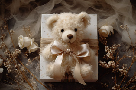 Teddy bear with a gift box and flowers on a dark background. Generative AIの素材