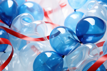 Blue balloons with red ribbons on a white background. 3d illustration. Generative AIの素材