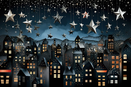 Night city with stars and snowflakes. Christmas background. illustration. Generative AIの素材