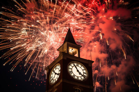 Old clock tower and fireworks in Prague, Czech Republic during the celebration of the Czech Republic. Generative AIの素材