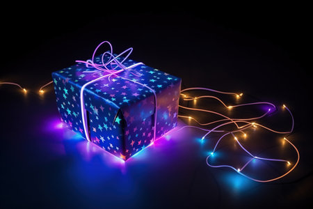 Glowing Christmas lights and gift box on a black background. 3D rendering. Generative AIの素材
