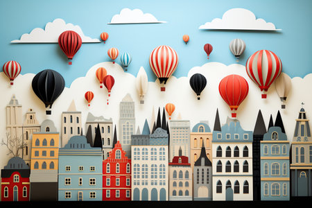 Cityscape with hot air balloons in paper art style. Vector illustration. Generative AIの素材