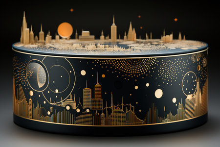 3d illustration of a black round podium with a cityscape on a black background. Generative AIの素材