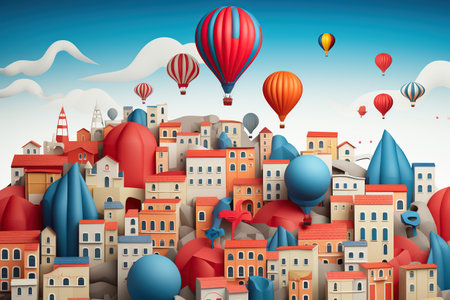 Cityscape with hot air balloons flying in the sky. Vector illustration. Generative AIの素材
