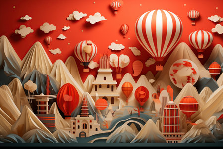 Hot air balloons fly over the city in paper art style. Vector illustration. Generative AIの素材