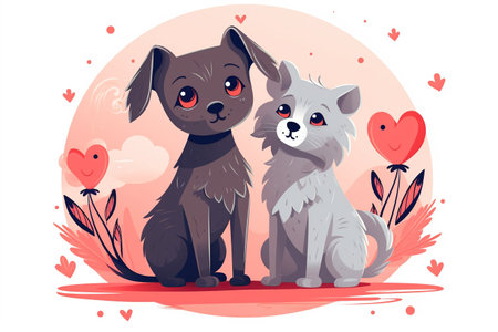 Vector illustration of two cute dogs in love with hearts on a pink background. Generative AIの素材