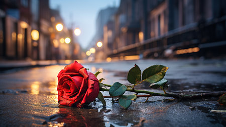 Red rose on the street in the old city of Lviv, Ukraine. Generative AIの素材