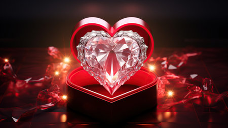 Diamond heart in a red gift box on a black background. 3d rendering. Generative AIの素材