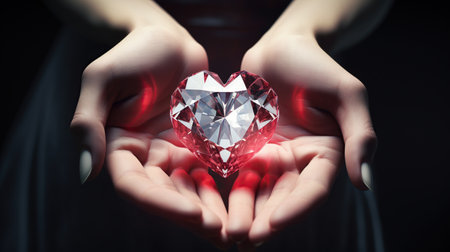 Close-up of female hands holding heart-shaped gemstones. Generative AIの素材