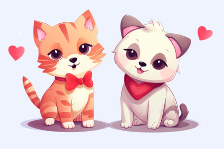 Cute cartoon cat and dog in love. Vector illustration for your design. Generative AIの素材