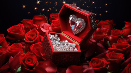 Valentine's Day background with red roses and a diamond ring in the box. Generative AIの素材
