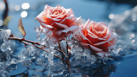Bouquet of pink roses with ice on a blue background, closeup, Generative AIの素材