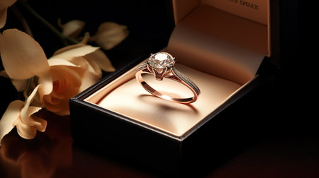 Wedding ring in a gift box on a dark background. Generative AIの素材