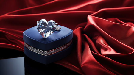 Jewelry box with diamond on a red satin cloth background. Generative AIの素材