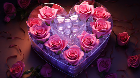 Pink roses in a heart-shaped box on a dark background. Generative AIの素材