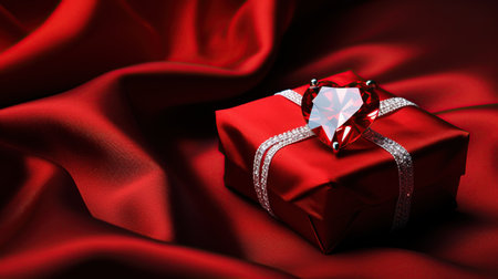Gift box on red satin background. 3d illustration. Generative AIの素材