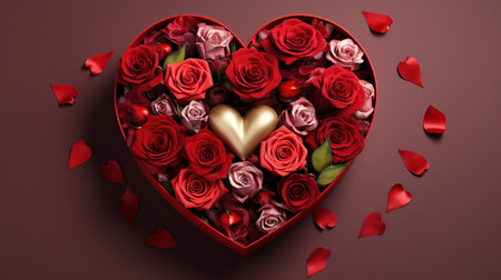 Valentine's Day background with a heart-shaped box full of roses. Generative AIの素材