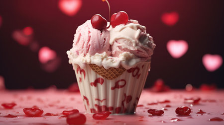 Valentine's Day cupcake with cherries on a red background. Generative AIの素材