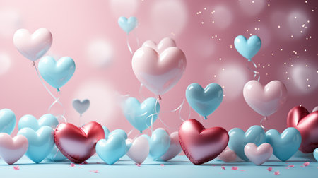 Valentine's Day background with heart-shaped balloons and confetti. Generative AIの素材