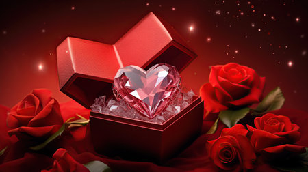 Red gift box with heart-shaped diamond and red roses on a dark background. Generative AIの素材