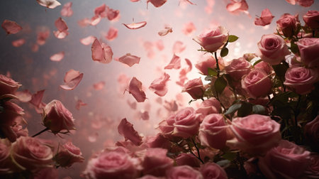 Beautiful pink roses on a dark background. Flowers in the garden. Generative AIの素材