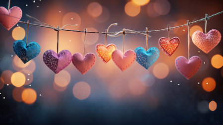 Colorful hearts hanging on a clothesline against a bokeh background. Generative AIの素材