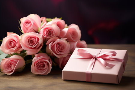 A gift box and a bouquet of pink roses on a wooden table. Generative AIの素材