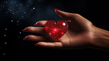 Female hand holding red heart on dark background. 3D rendering. Generative AIの素材