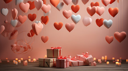 Valentine's Day background with gift boxes and hearts. 3D rendering. Generative AIの素材