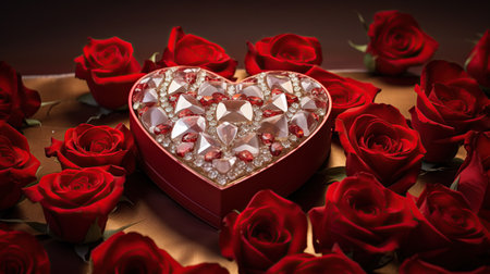 Valentine's Day background with red roses and a heart-shaped box. Generative AIの素材