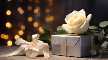 White rose and gift box with a bow on bokeh background. Generative AIの素材