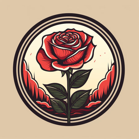 Red rose in a round frame on a beige background. Vector illustration. Generative AIの素材