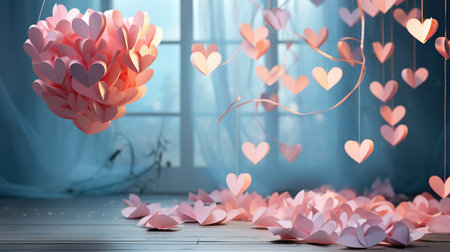 Valentine's Day background with paper hearts. 3d rendering. Generative AIの素材