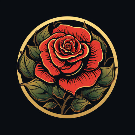 Vector illustration of a rose in a circle on a black background. Generative AIの素材