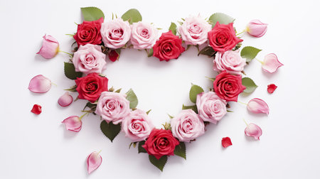 The heart shape made of pink and red rose flowers on a white background. Generative AIの素材