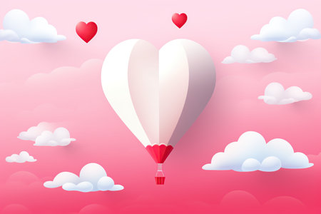 Valentine's Day background with a heart-shaped hot air balloon flying in the sky. Generative AIの素材