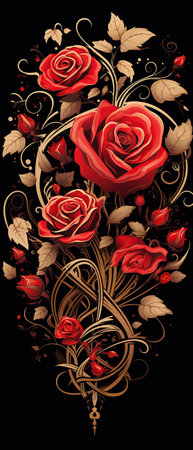 Vector illustration of a red rose with floral ornament on a black background. Generative AIの素材
