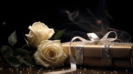 White rose and gift box on black background with smoke. Copy space. Generative AIの素材