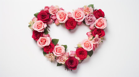 The heart shape made of red and pink roses on a white background. Generative AIの素材