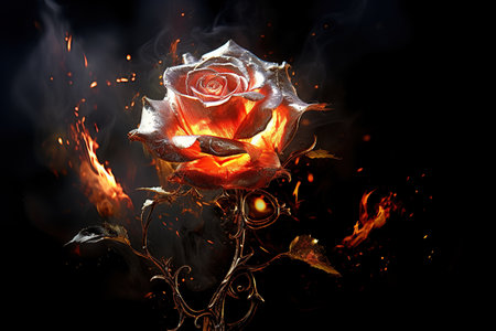 Burning rose on a black background. The concept of love and romance. Generative AIの素材
