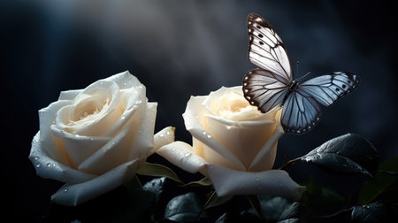 White rose and butterfly on a dark background. Valentine's Day. Generative AIの素材