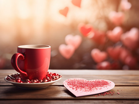 Cup of coffee with a heart on a wooden table. Valentine's Day background. Generative AIの素材