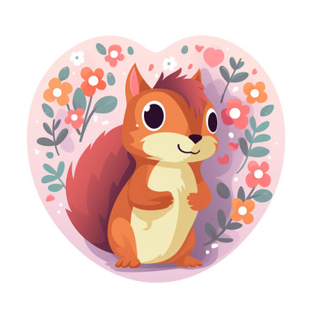 Cute cartoon squirrel with flowers in the shape of a heart. Vector illustration. Generative AIの素材