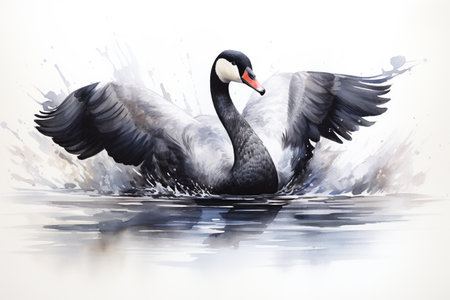 Black swan swimming on the water. Digital watercolor painting. Generative AIの素材