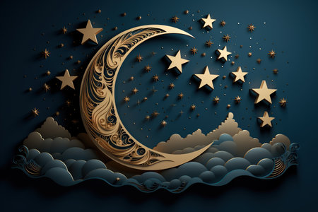 Ramadan Kareem's background with a crescent moon and stars. Vector illustration. Generative AIの素材