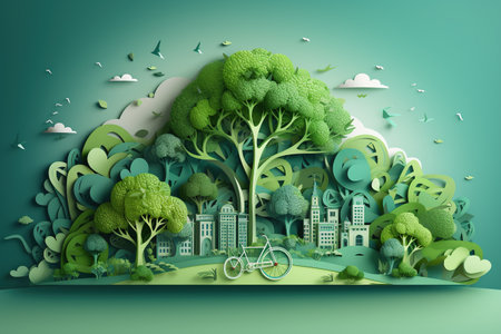 A green city with trees and bicycles. Eco-friendly concept. 3D rendering. Generative AIの素材